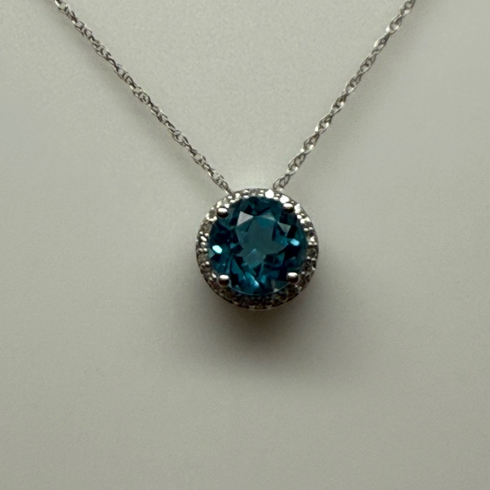 Solid 10K White Gold Natural Swiss Blue Topaz and Diamond Halo Pendant and Chain
